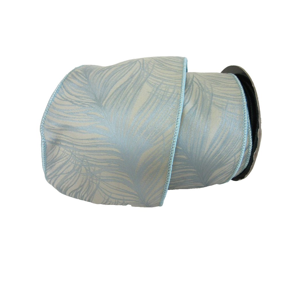 Tropical Palm Leaves Blue & Cream 4" x 10 yds d.stevens Wire Edge Ribbon
